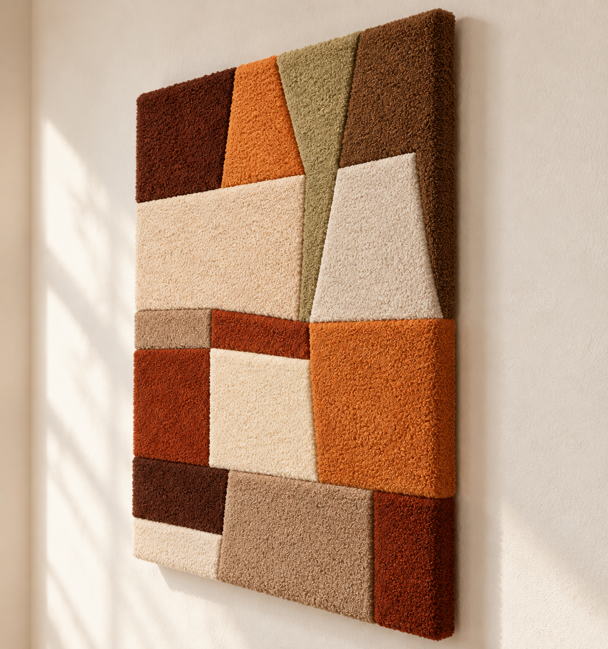 Hewn Earth Earthen Patchwork Angles wall art featuring geometric, earthy-toned shapes on a neutral background.