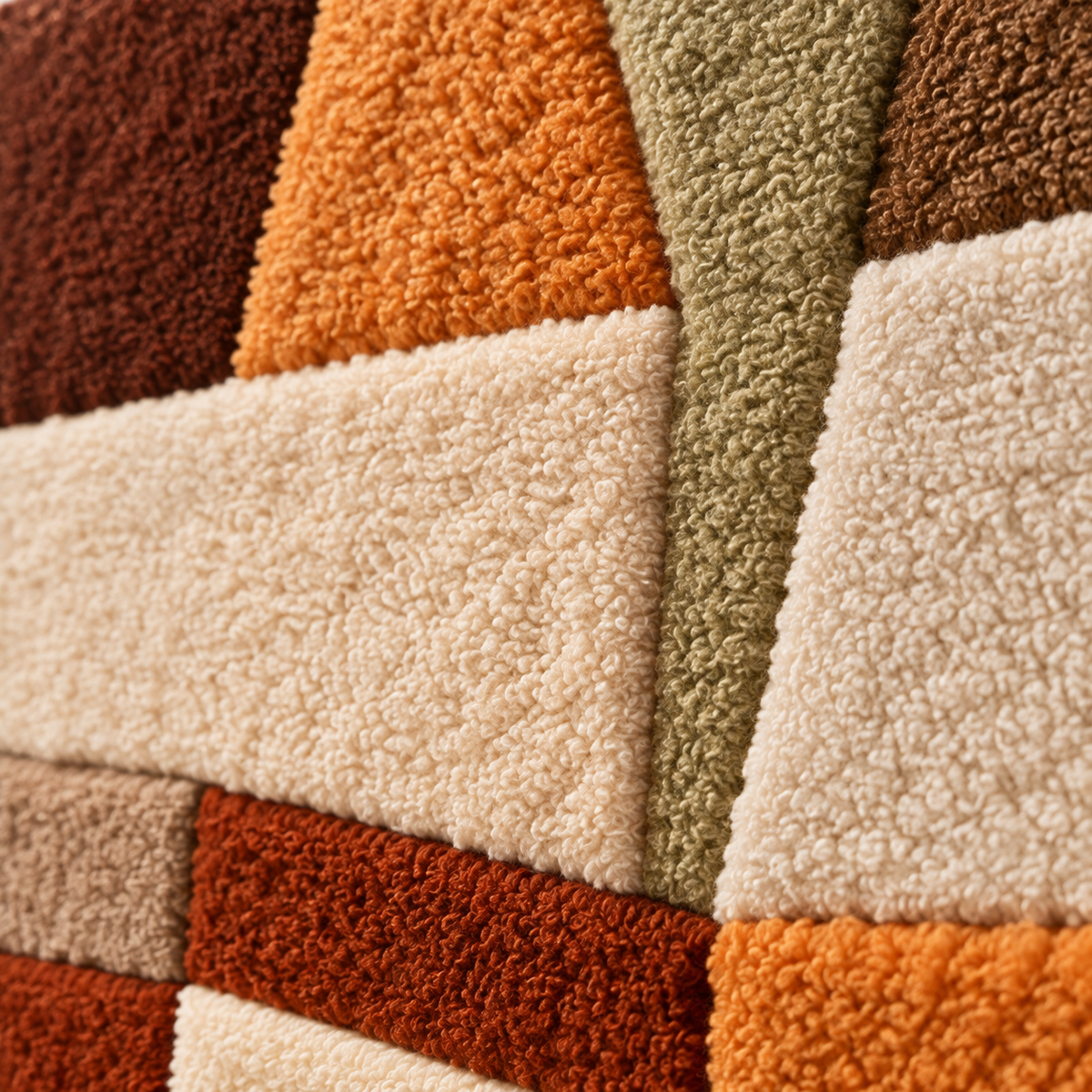 Close-up of Hewn Earth Earthen Patchwork Angles wall art showcasing textured, earth-toned geometric patchwork design.