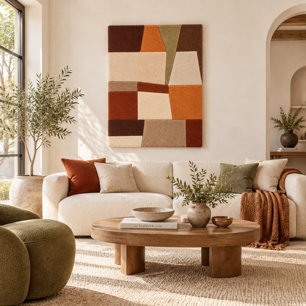 Hewn Earth Earthen Patchwork Angles wall art featuring geometric patchwork design in warm earthy tones, displayed on a room wall.