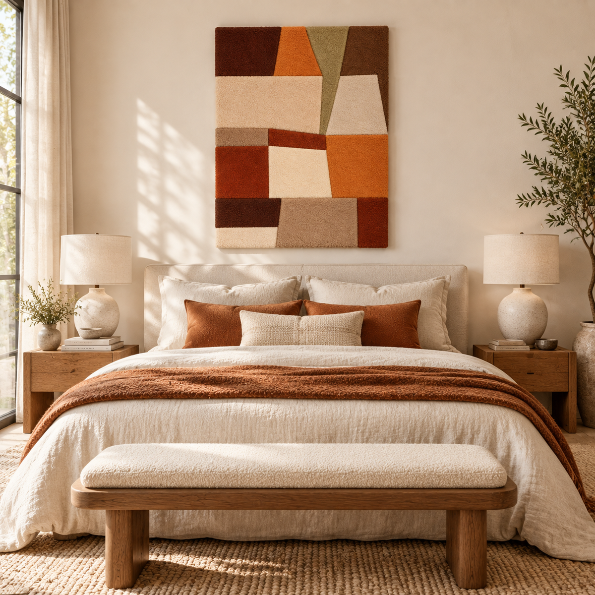 Hewn Earth Earthen Patchwork Angles wall art featuring geometric shapes in natural earthy tones, displayed on a room wall.