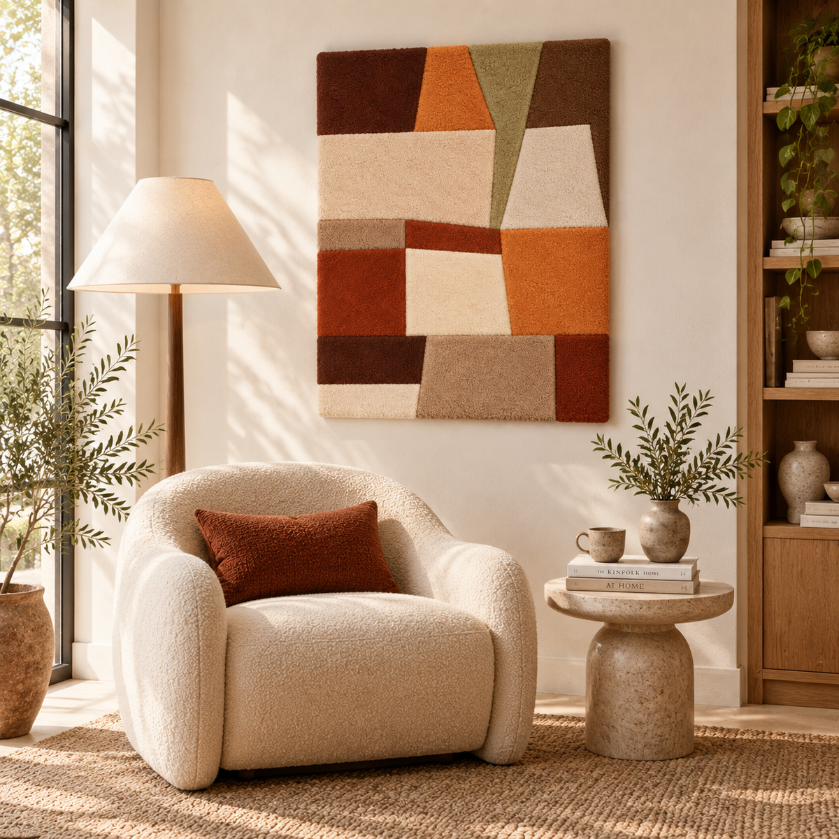 Hewn Earth Earthen Patchwork Angles wall art featuring geometric patchwork design in earthy tones, displayed on a modern room wall.