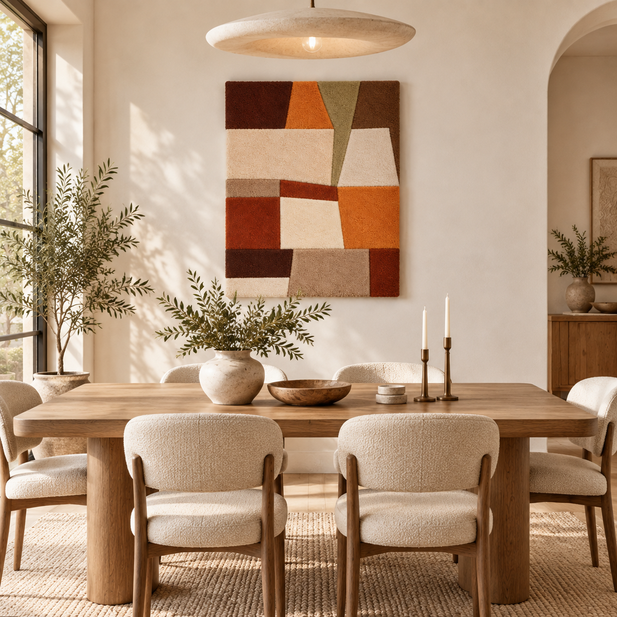 Hewn Earth wall art featuring earthen patchwork angles with geometric design in a modern interior setting.