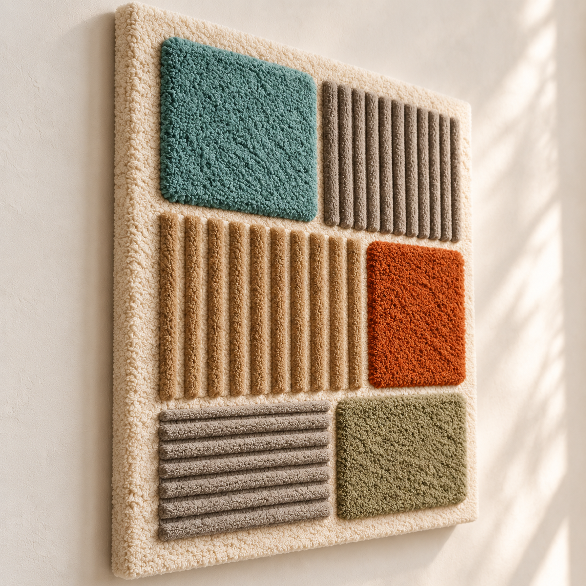 Earthtone wall art featuring textured ribbed panels and geometric blocks by Hewn Earth, shown from an angled perspective.