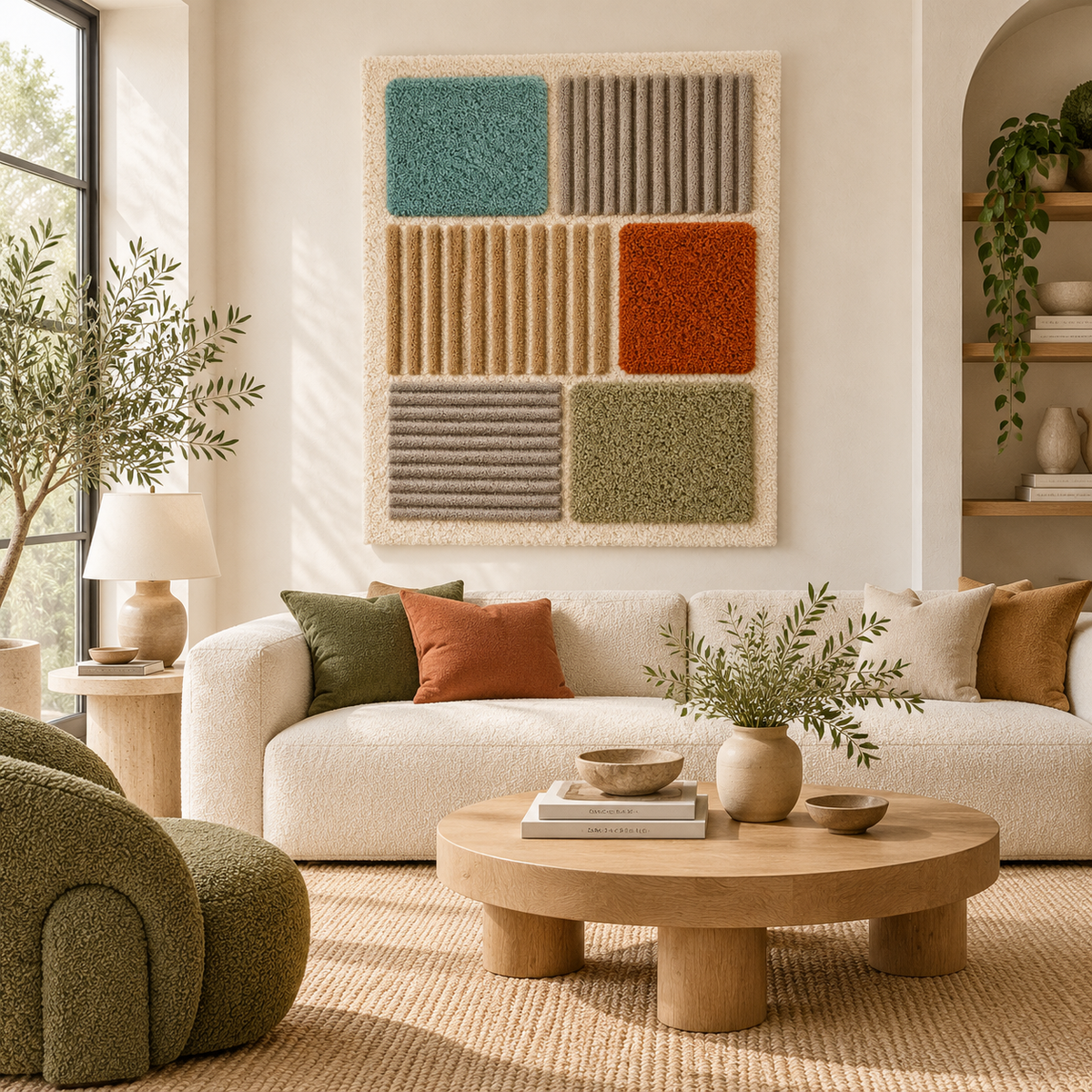 Earthtone wall art featuring textured blocks and ribbed panels by Hewn Earth, shown in a modern room setting.
