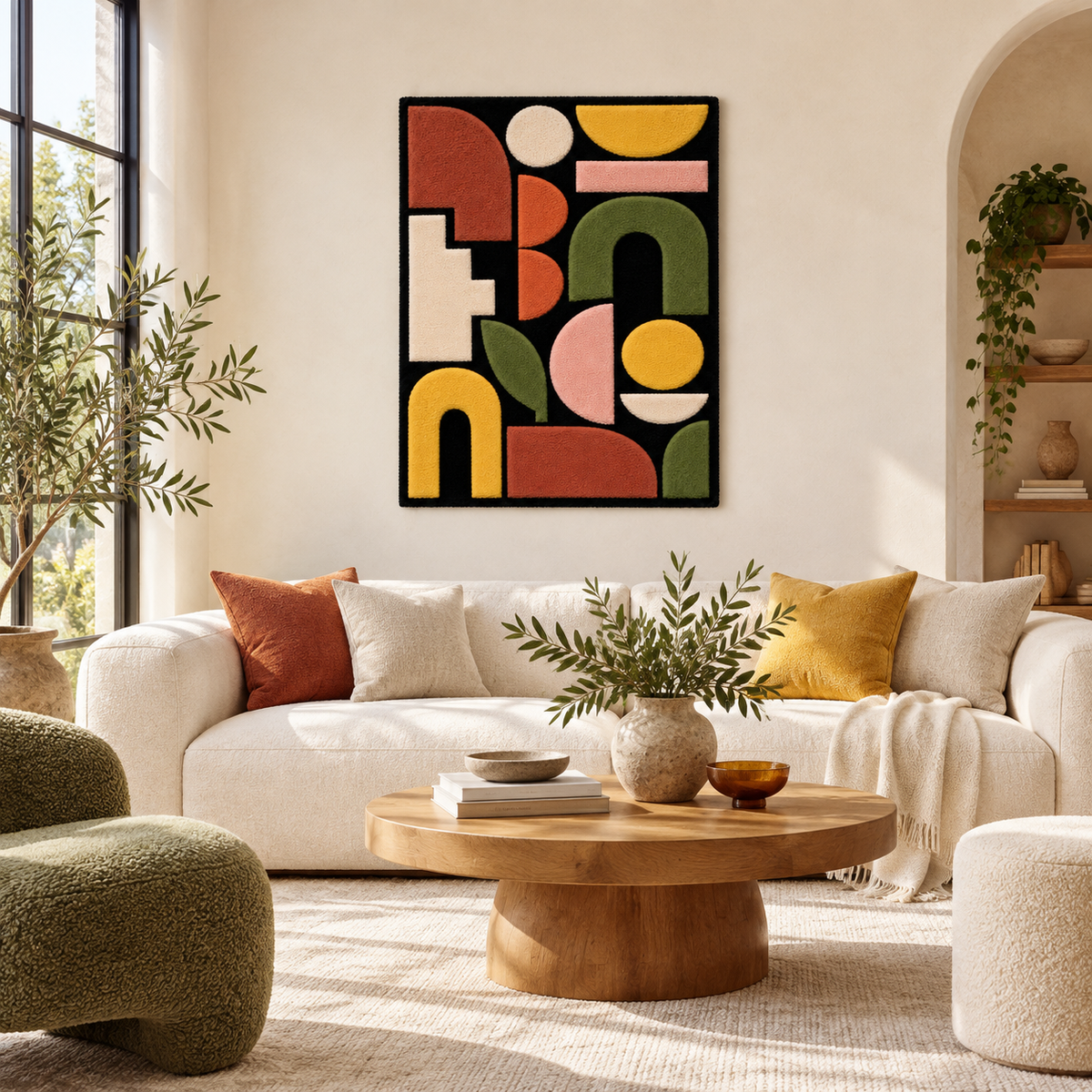 Earthtone Shape Parade wall art by Hewn Earth featuring abstract earth-toned shapes displayed in a modern room setting.