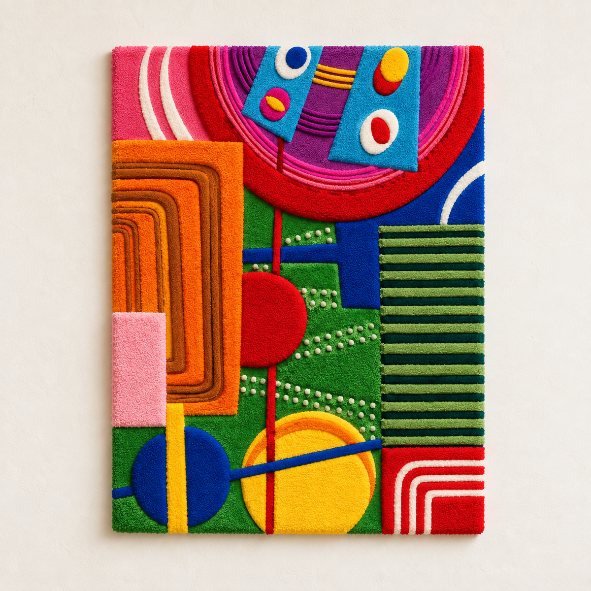 Hewn Earth Electric Carnival Geometry wall art featuring vibrant, abstract geometric patterns on a dark background.