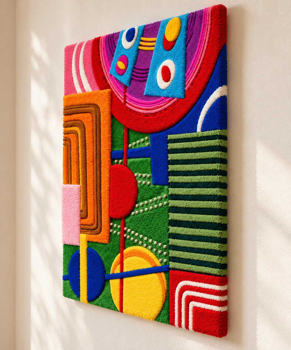 Hewn Earth Electric Carnival Geometry wall art featuring vibrant geometric patterns on a wall, modern and colorful decor piece.