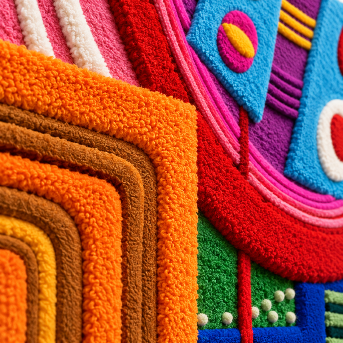 Close-up of Hewn Earth Electric Carnival Geometry wall art, showcasing intricate geometric patterns and vibrant electric colors.