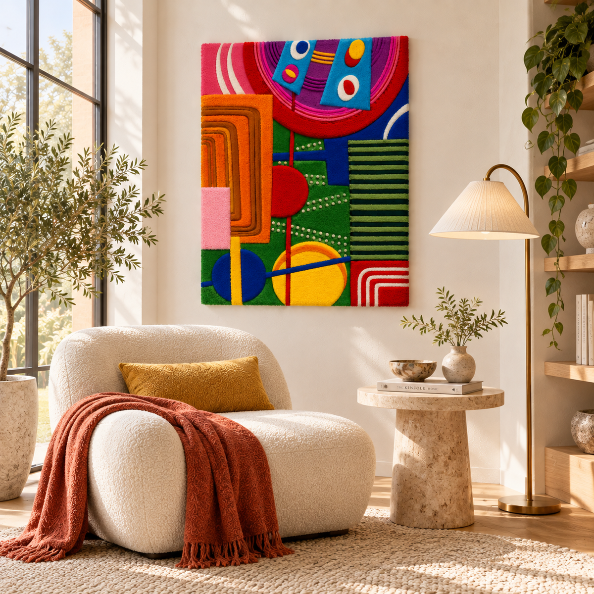 Hewn Earth Electric Carnival Geometry wall art featuring vibrant, abstract geometric patterns on a room wall.