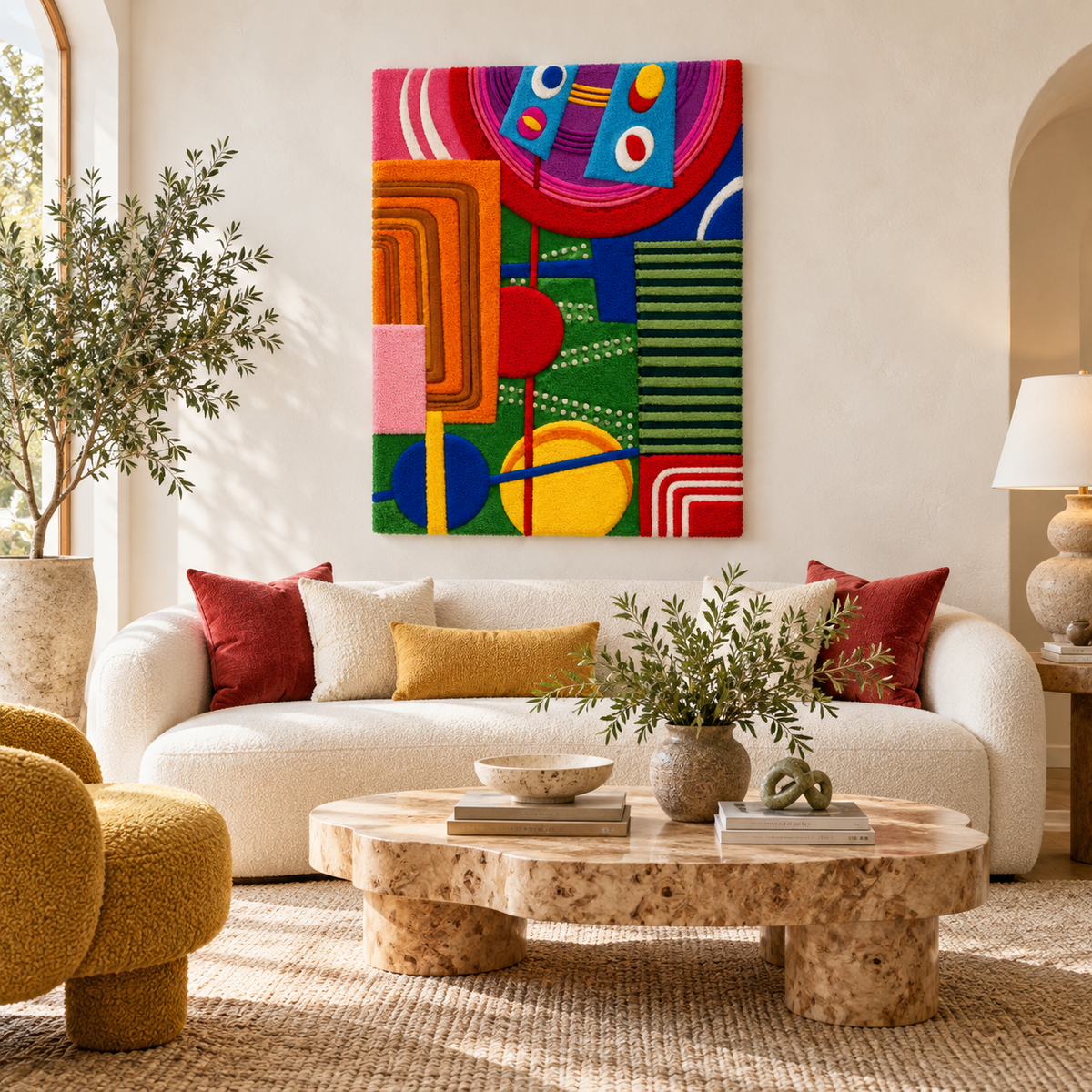 Hewn Earth Electric Carnival Geometry wall art featuring vibrant, abstract geometric designs for modern home décor.
