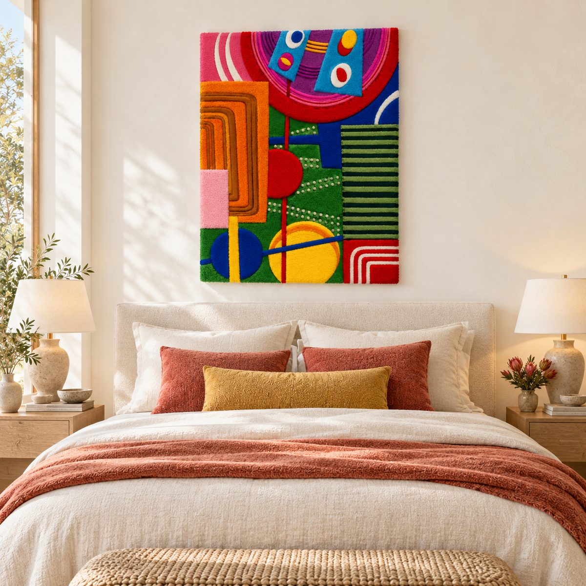 Hewn Earth Electric Carnival Geometry wall art featuring vibrant, abstract geometric patterns on a room wall.