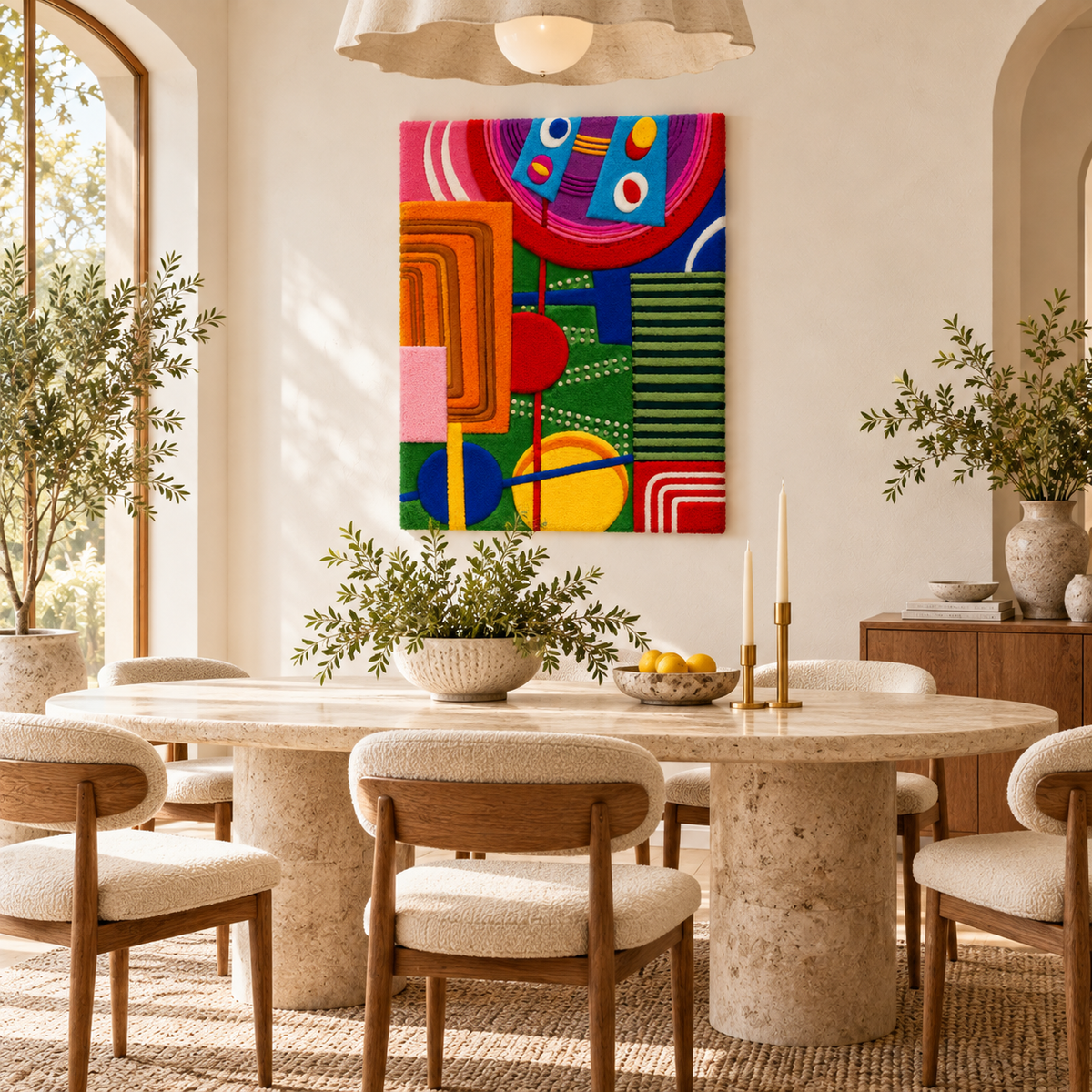 Hewn Earth electric carnival geometry wall art featuring vibrant, abstract geometric patterns for modern room decor.