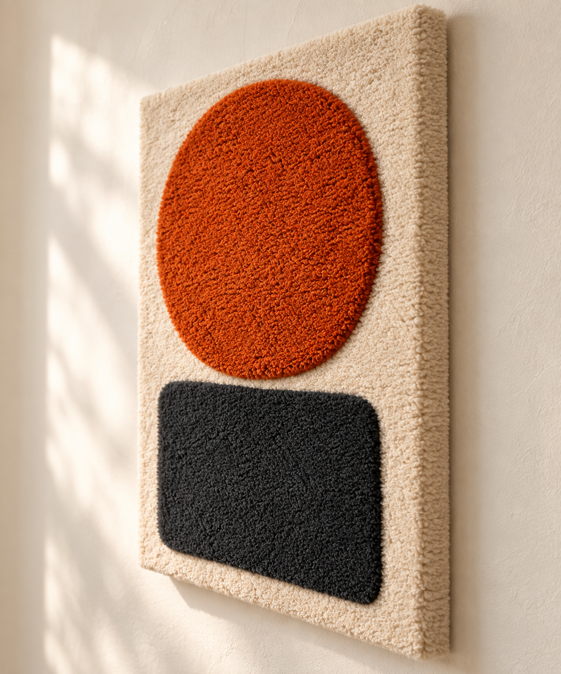 Hewn Earth wall art featuring an ember-colored disc on a charcoal plinth, displayed from a side angle.