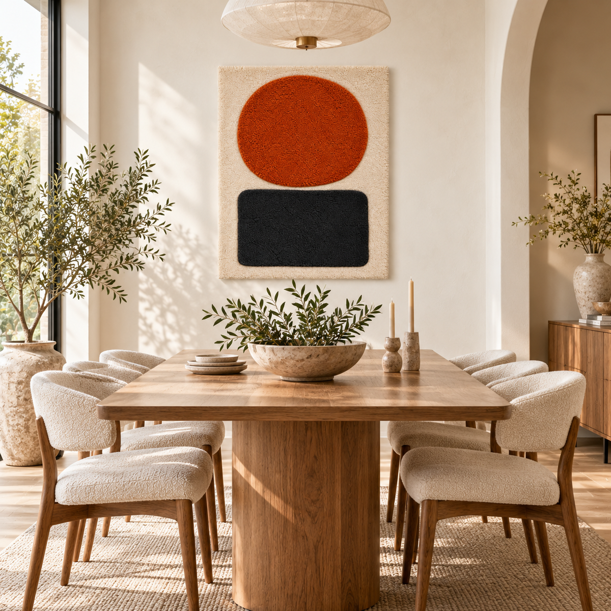 Hewn Earth wall art featuring an ember-colored disc and charcoal plinth, modern abstract design for contemporary interior decor.