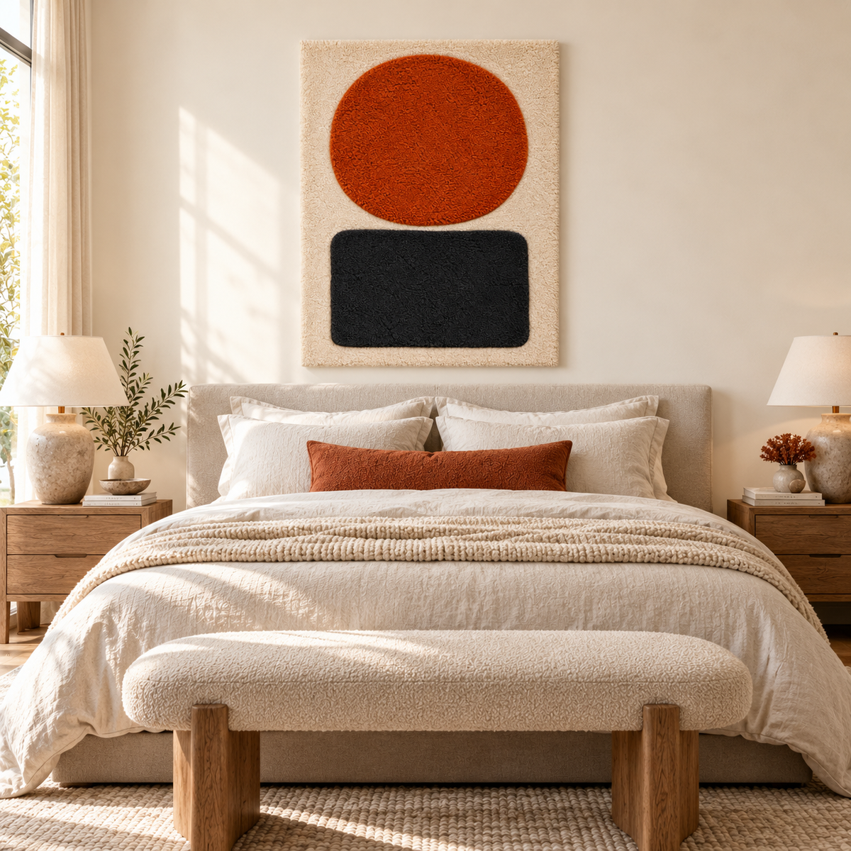Hewn Earth wall art featuring an Ember Disc with a charcoal plinth, modern ceramic sculpture for contemporary interior decor