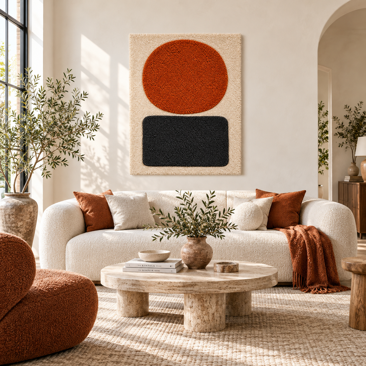 Hewn Earth Ember Disc and Charcoal Plinth wall art displayed on a modern room wall, showcasing earthy tones and textured design.