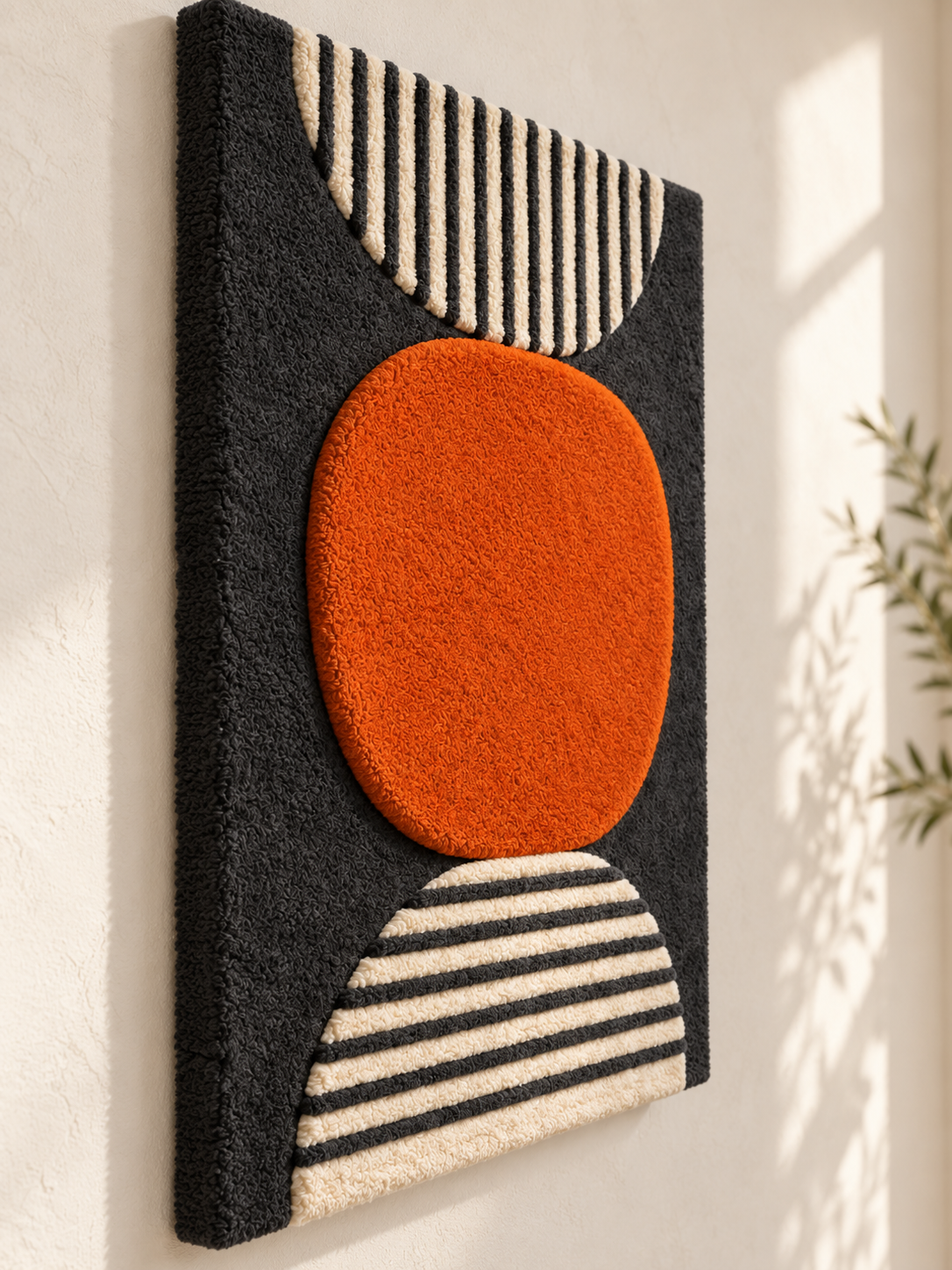Hewn Earth Ember Oval Wall Art featuring striped moons in warm tones, angled view showcasing textured ceramic design.