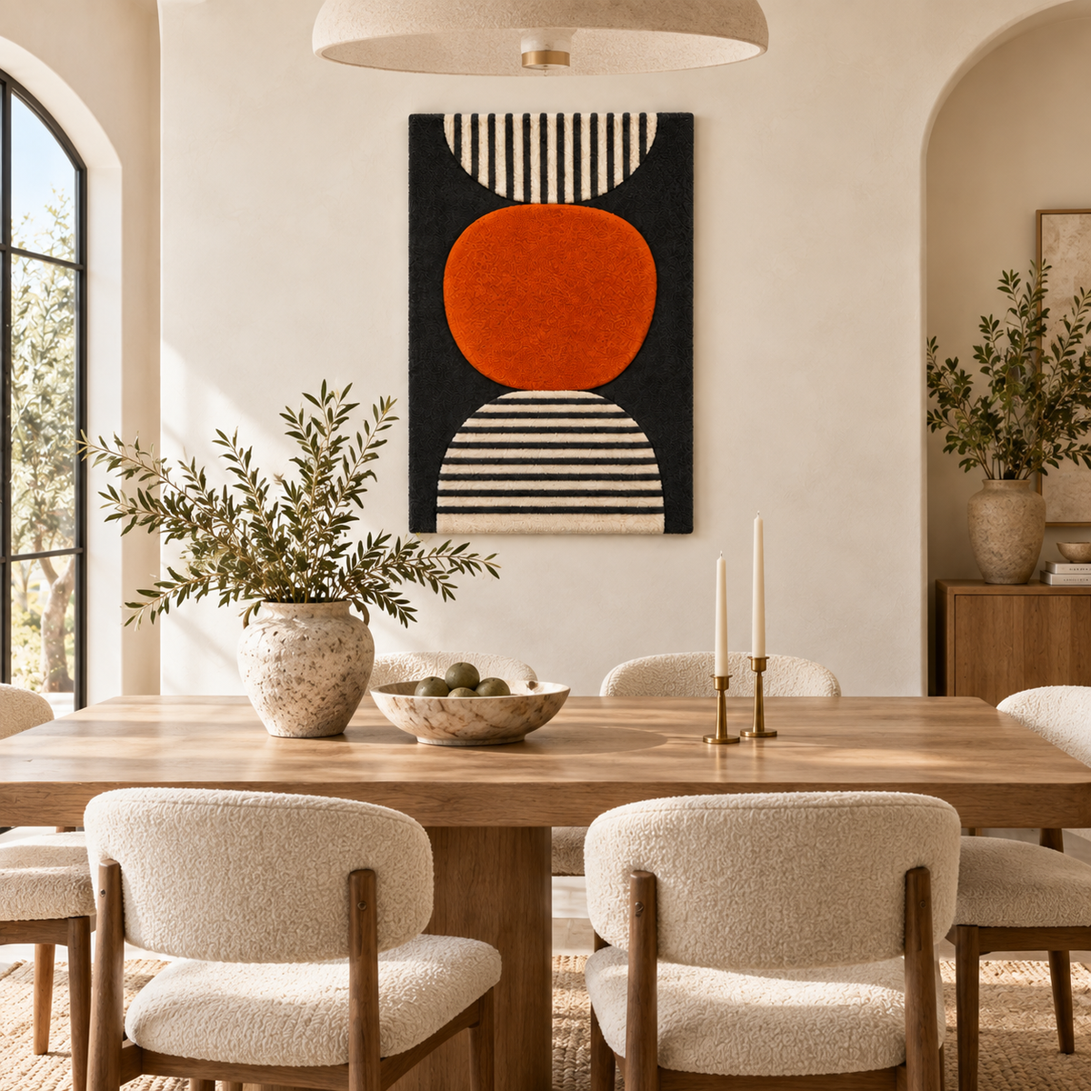 Hewn Earth Ember Oval Wall Art featuring striped moon design, hanging on a room wall with a modern, artistic aesthetic.