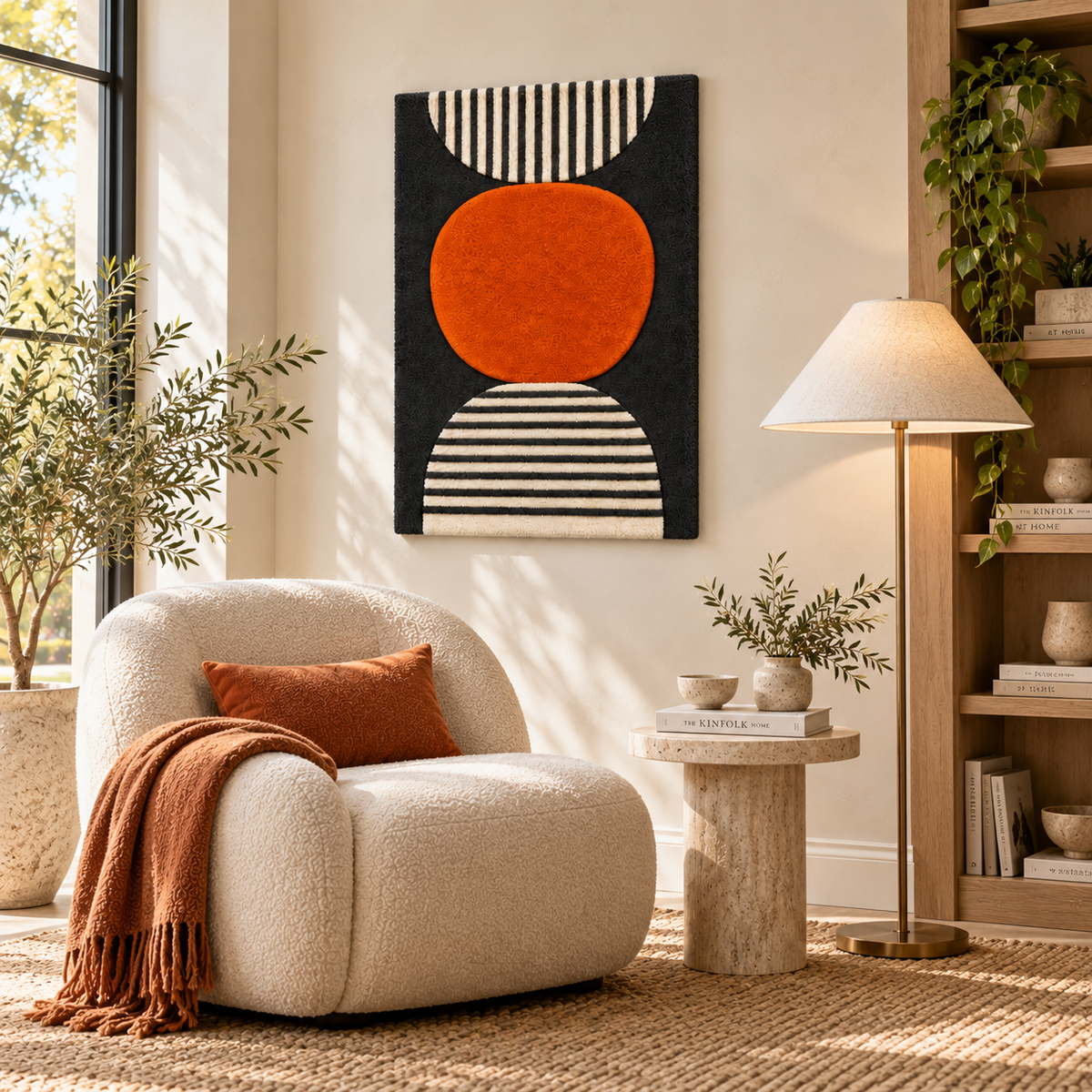 Hewn Earth Ember Oval Wall Art featuring striped moon design, decorative piece for modern interior walls.