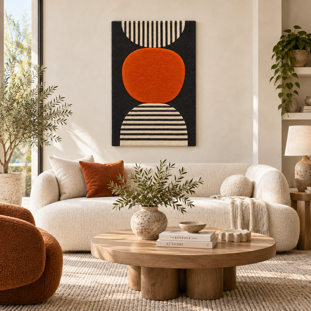 Hewn Earth Ember Oval Wall Art featuring striped moon design, displayed as a stylish decorative piece on a room wall.