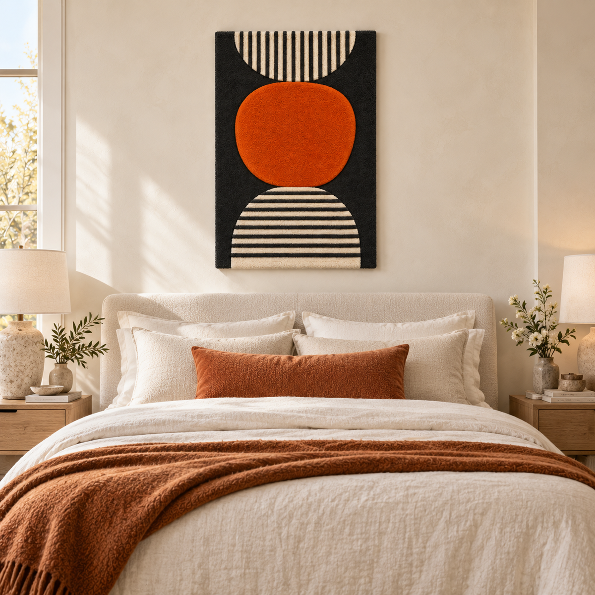 Hewn Earth Ember Oval Wall Art featuring striped moon designs, displayed on a room wall with natural lighting and decor.