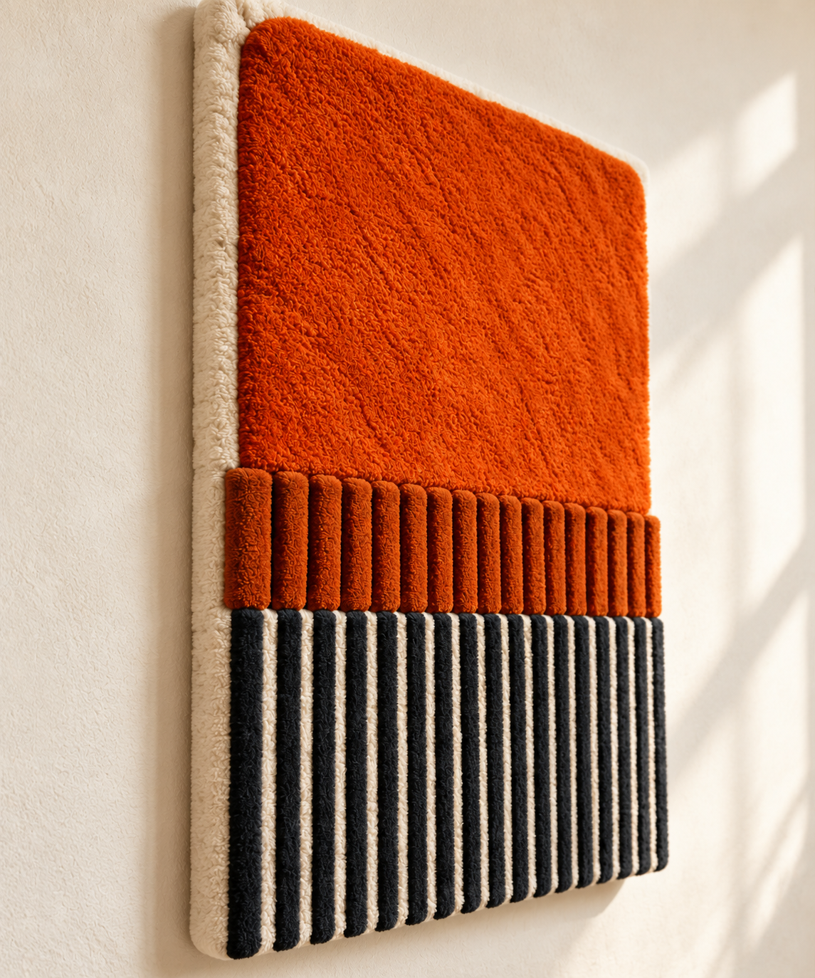 Hewn Earth Ember Piano Stripe Relief wall art featuring textured, geometric design in warm tones, angled view showing surface details.