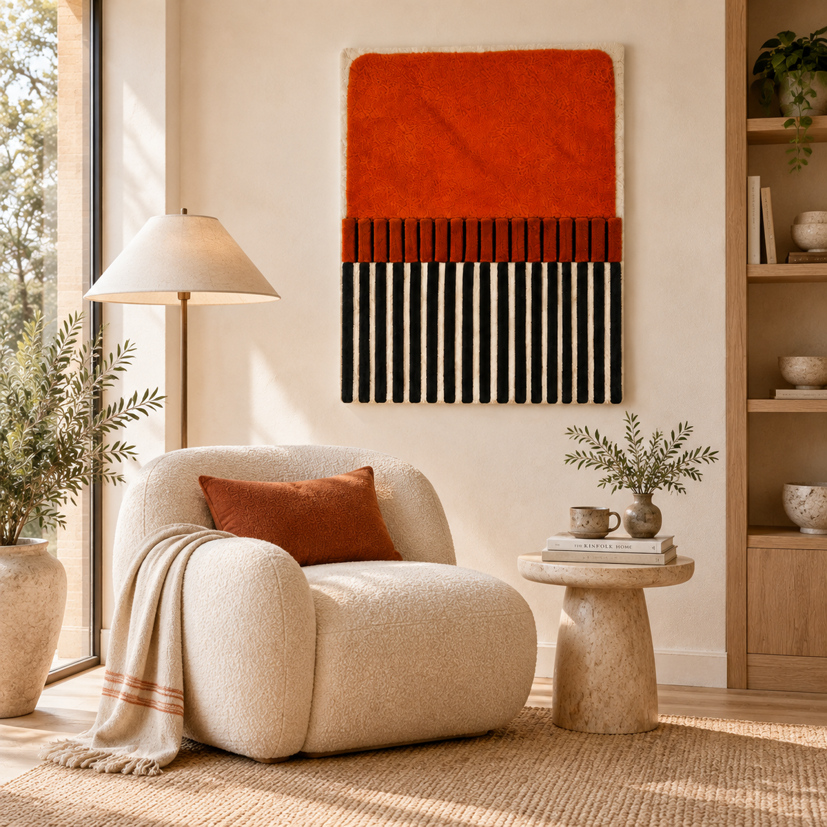 Hewn Earth Ember Piano Stripe Relief wall art with textured abstract design in warm tones, ideal for modern interior decor.