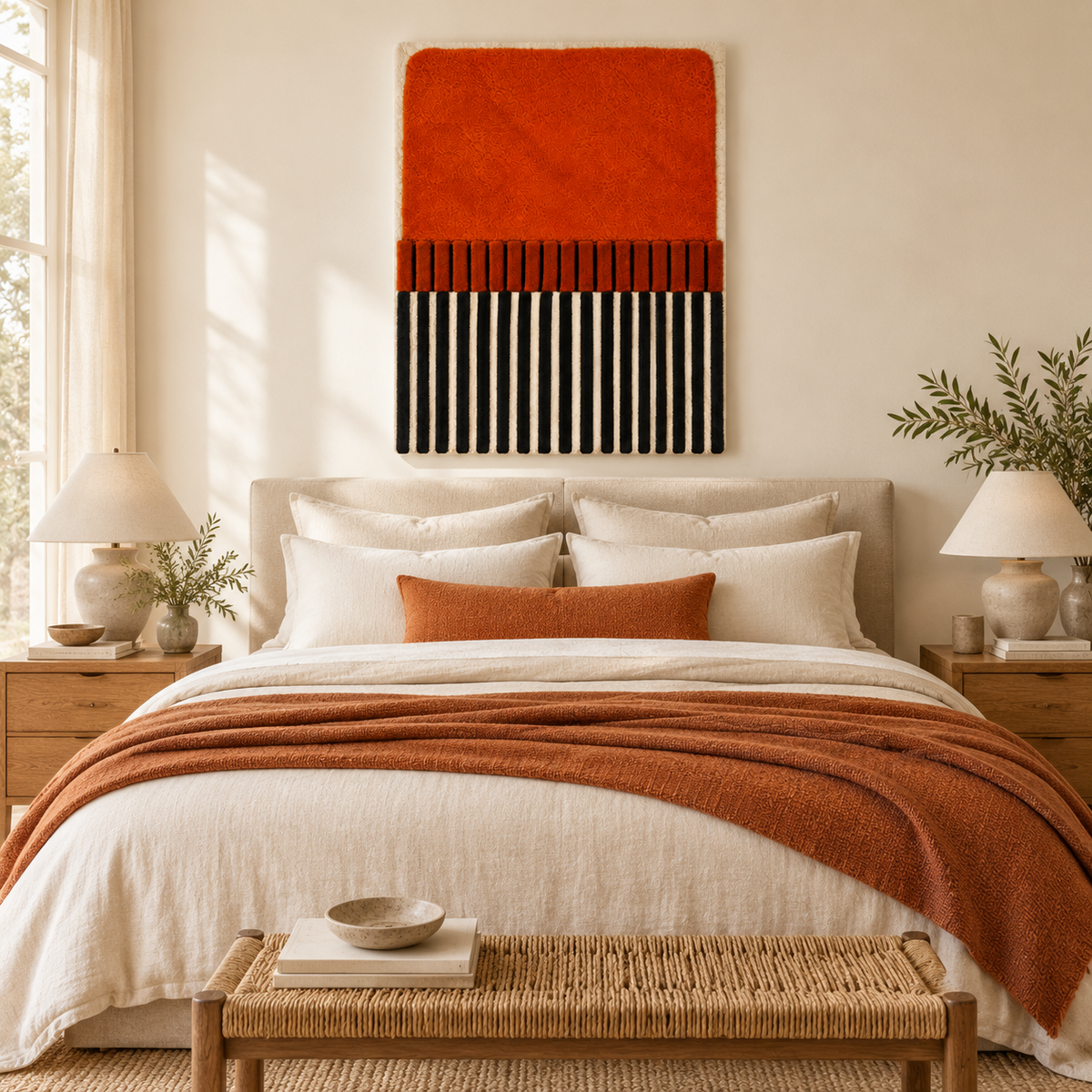 Hewn Earth Ember Piano Stripe Relief wall art featuring textured geometric design in warm earth tones, ideal for modern interior decor.