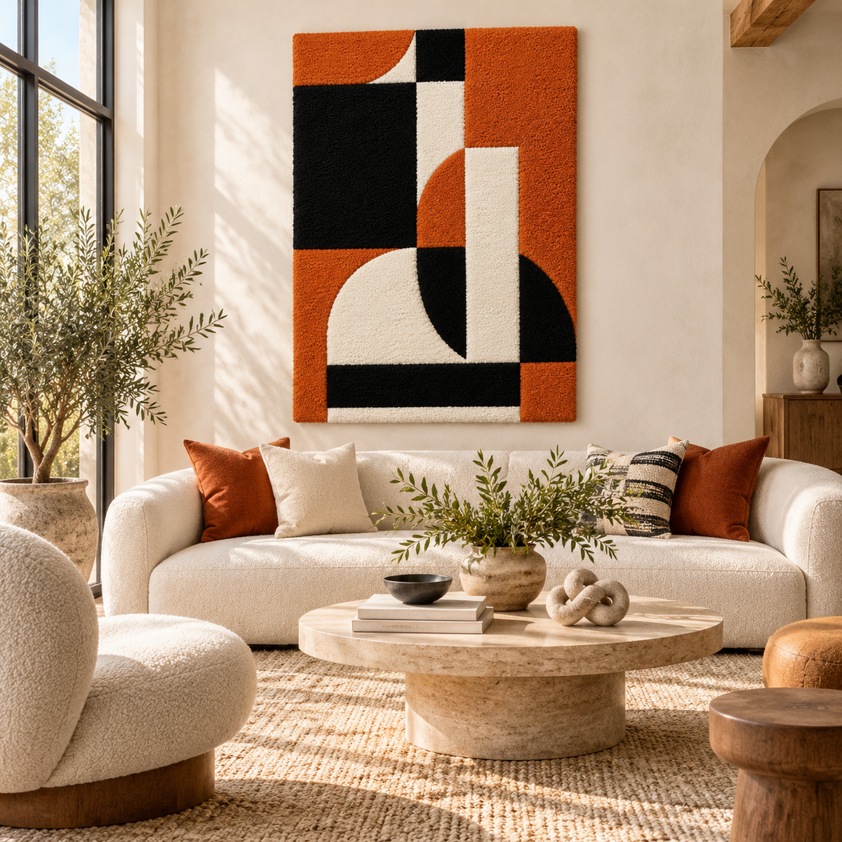 Hewn Earth Ember Quadrant Interlock wall art featuring geometric, interlocking shapes in warm earthy tones on a neutral background.