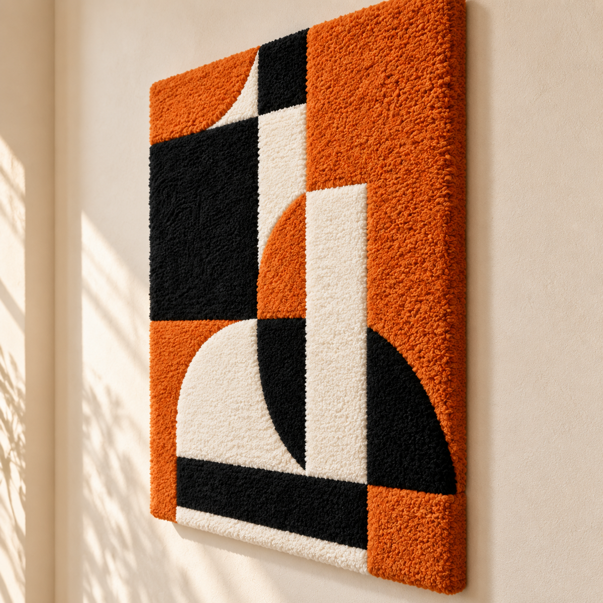 Hewn Earth Ember Quadrant Interlock wall art piece featuring geometric shapes and warm earthy tones displayed at an angle.