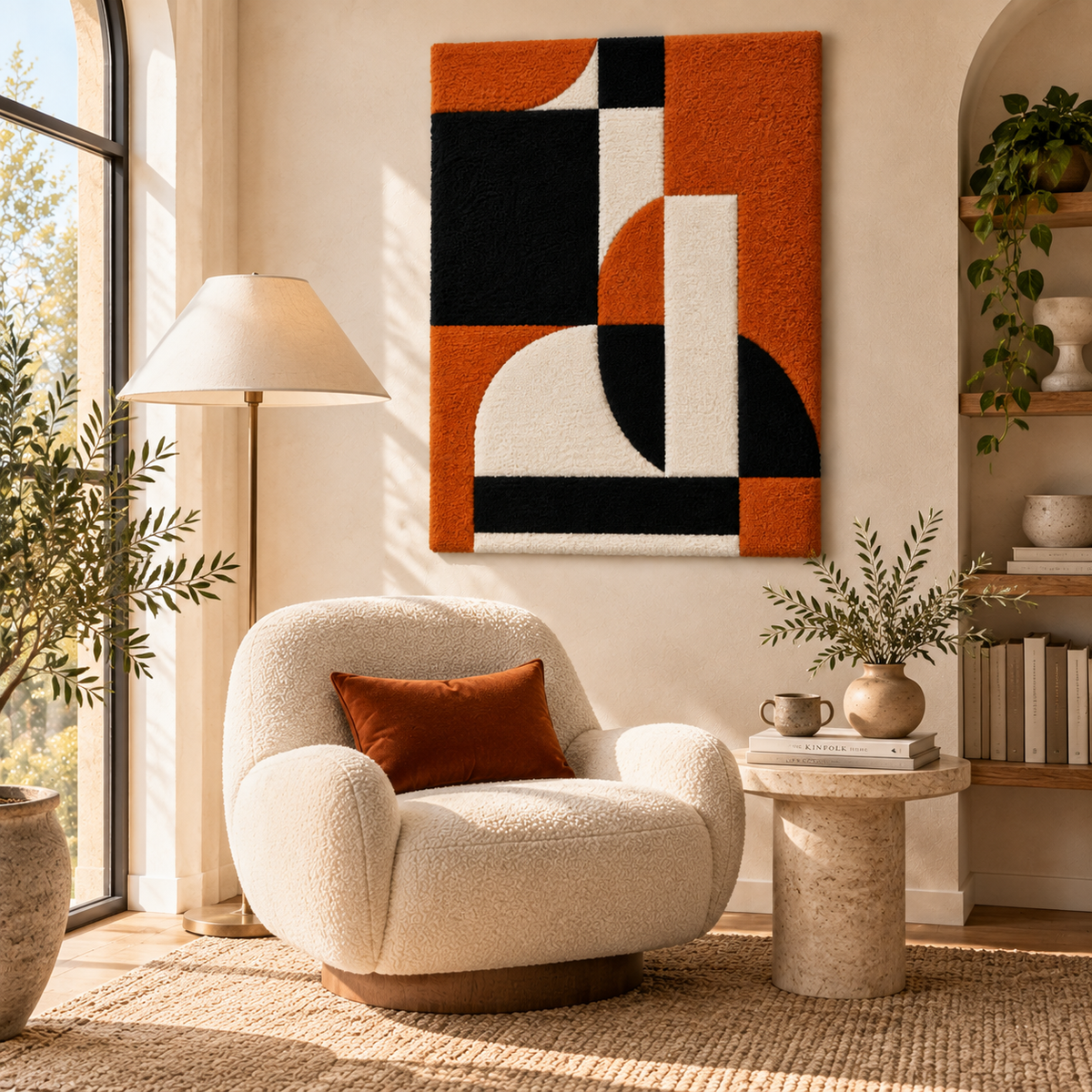 Hewn Earth Ember Quadrant Interlock wall art displayed in a modern room setting, showcasing its geometric design and warm tones.