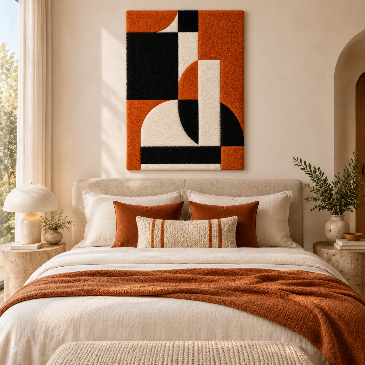 Hewn Earth Ember Quadrant Interlock wall art displayed in a modern room scene, showcasing geometric wooden panel design.