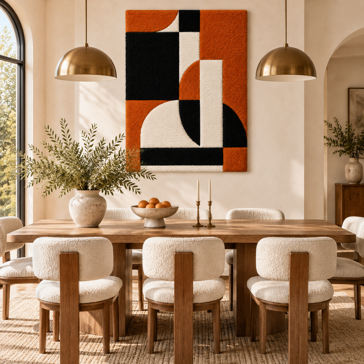 Hewn Earth Ember Quadrant Interlock wall art displayed on a modern room wall, showcasing geometric design and warm earthy tones.