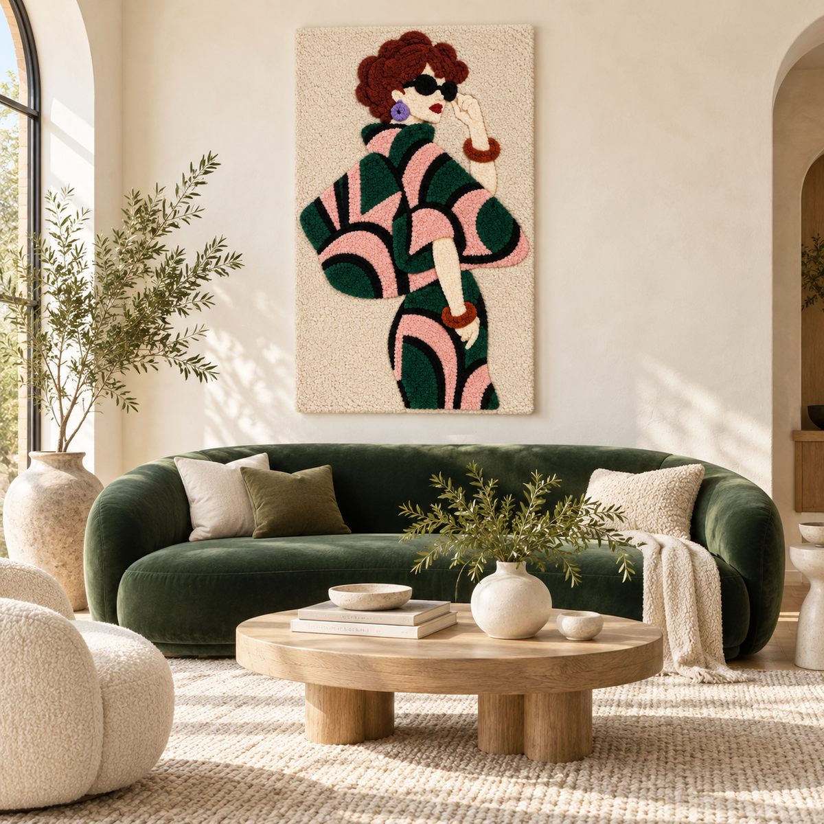 Hewn Earth wall art featuring emerald arches and blush curves with abstract design on a neutral background.
