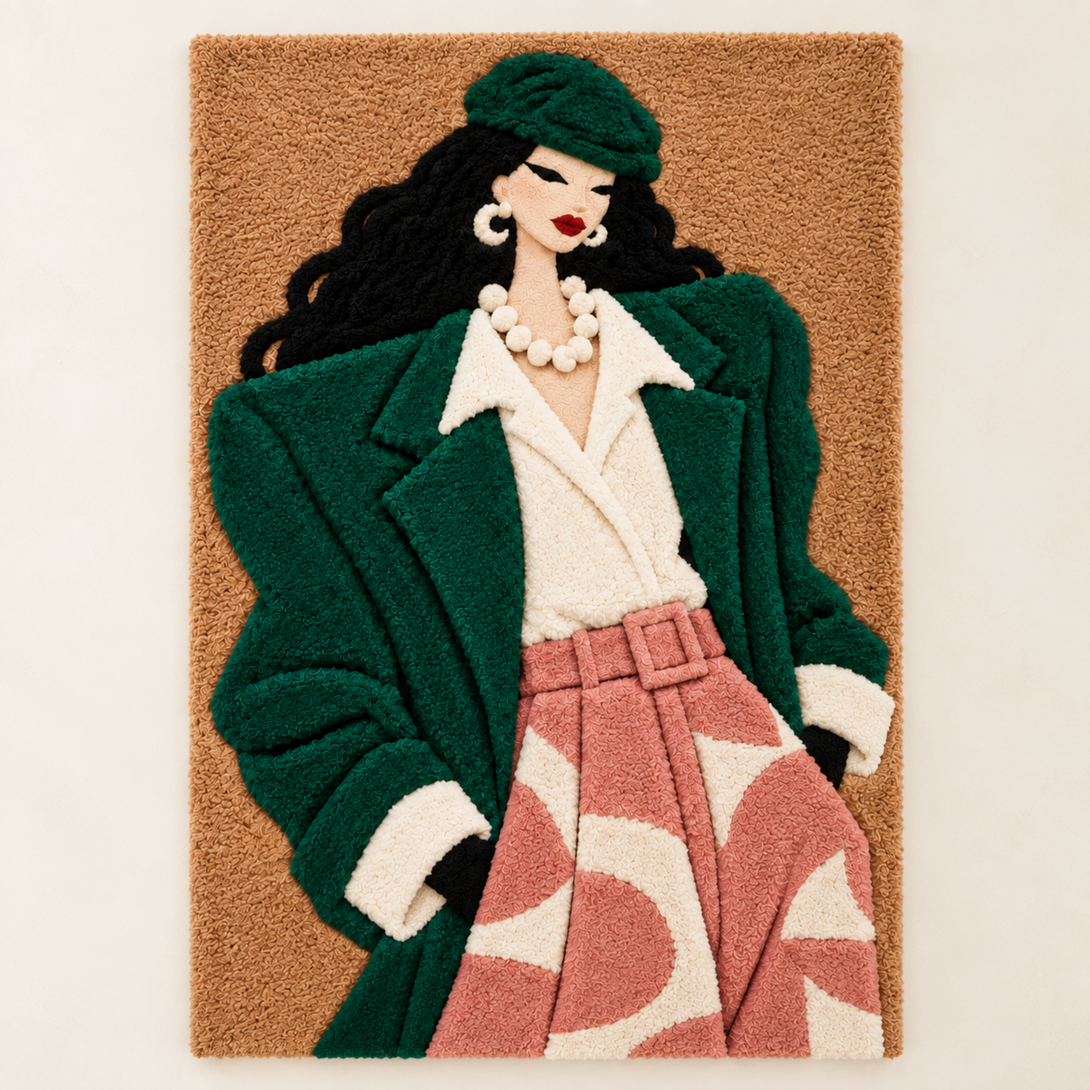 Hewn Earth wall art featuring an emerald coat and blush trousers in a stylish, modern design on a light background.