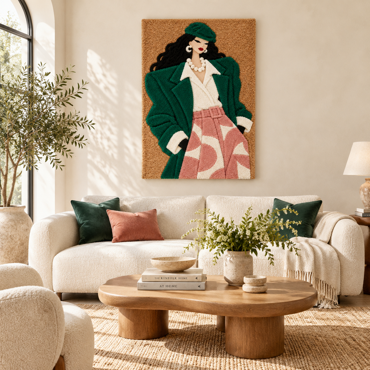 Hewn Earth wall art featuring an emerald coat and blush trousers in a modern interior with stylish decor.