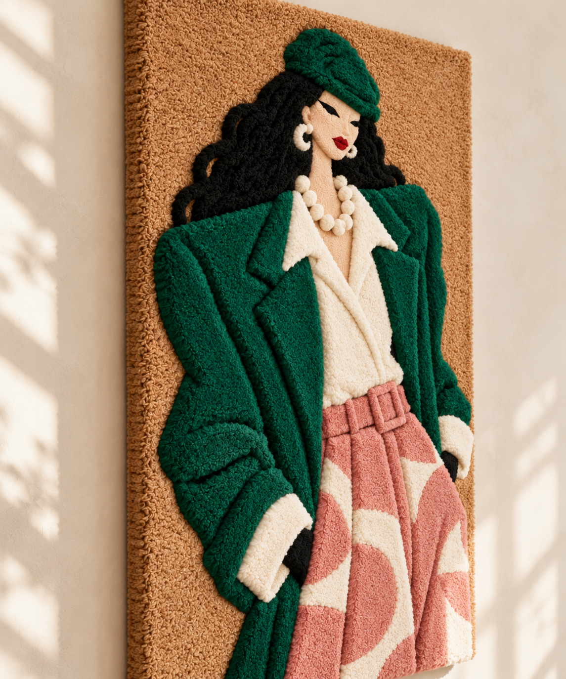 Emerald Coat and Blush Trousers — angled relief view