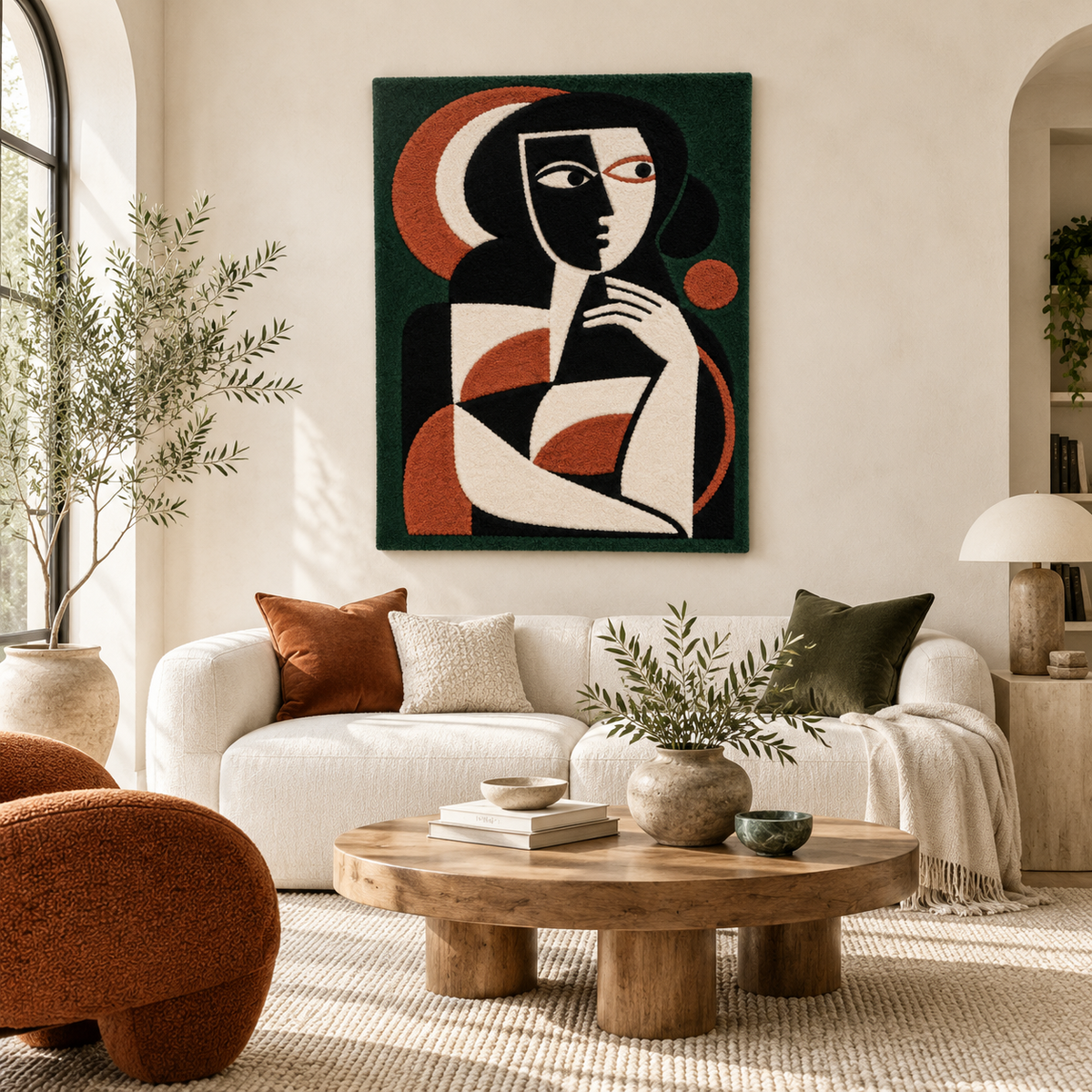 Hewn Earth Emerald Crescent Muse wall art featuring a vibrant emerald crescent shape displayed in a modern room setting