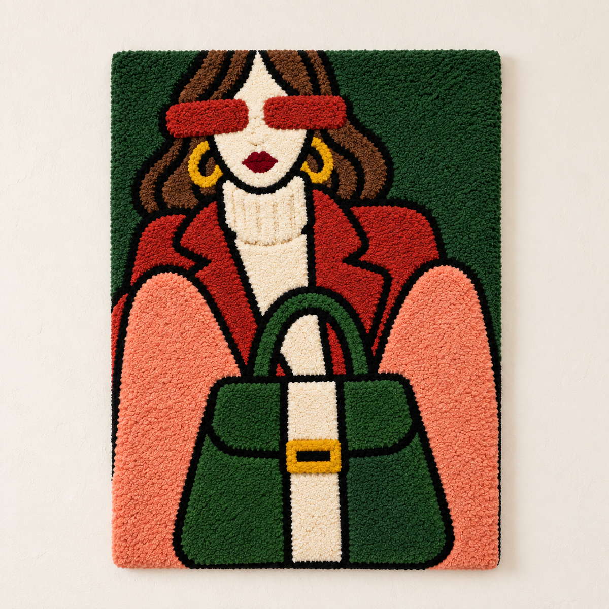 Emerald handbag wall art by Hewn Earth featuring coral accents, displayed as a vibrant, decorative art piece.