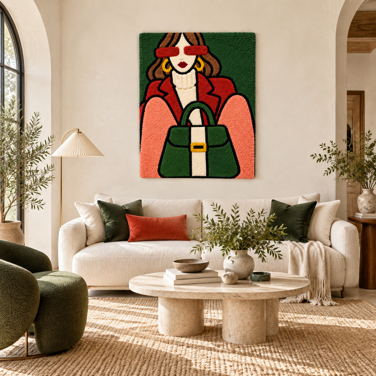 Emerald Handbag Coral Muse wall art by Hewn Earth featuring vibrant emerald and coral tones, displayed in a modern room setting.