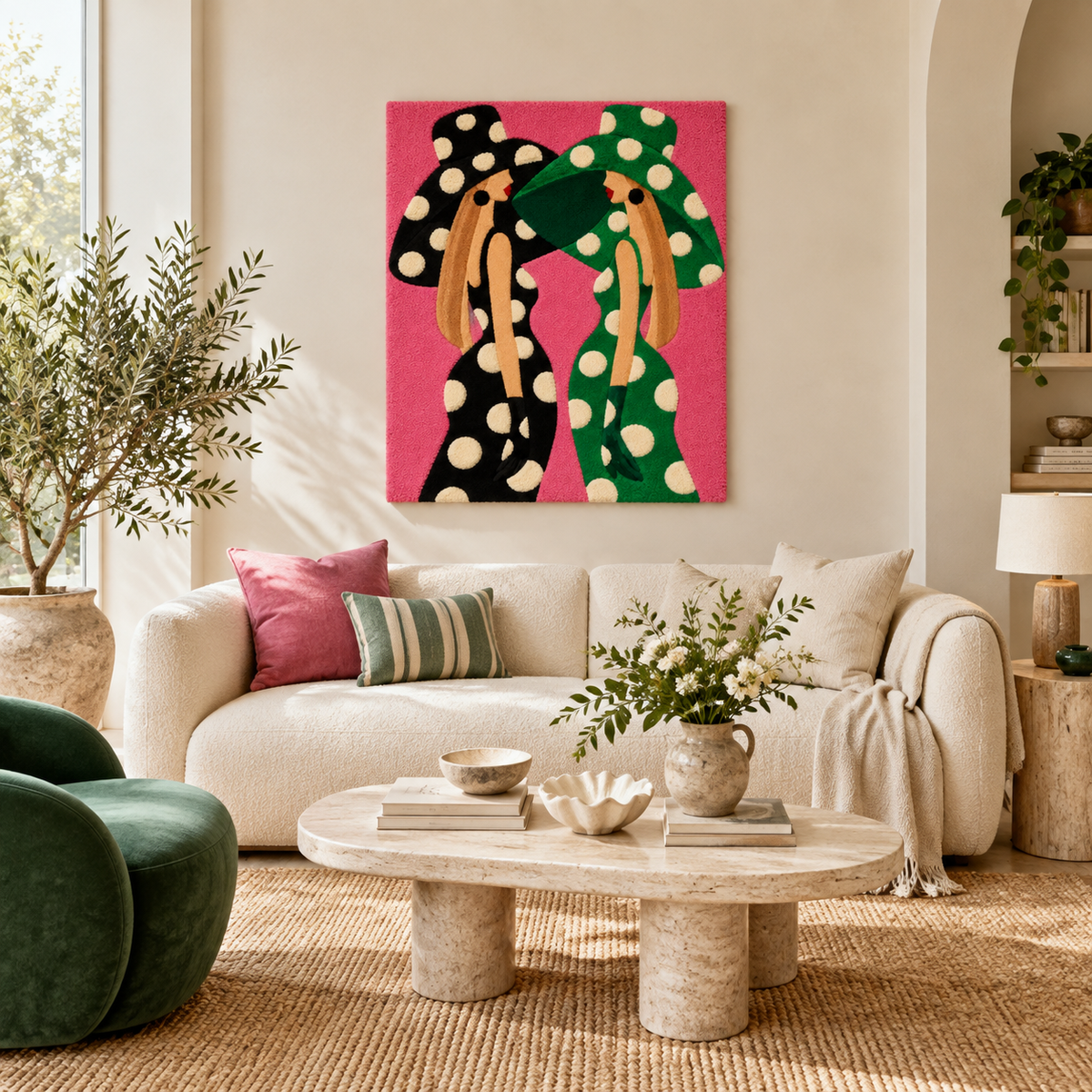 Emerald Polka Dot Companions — front-facing room scene [room-front]
