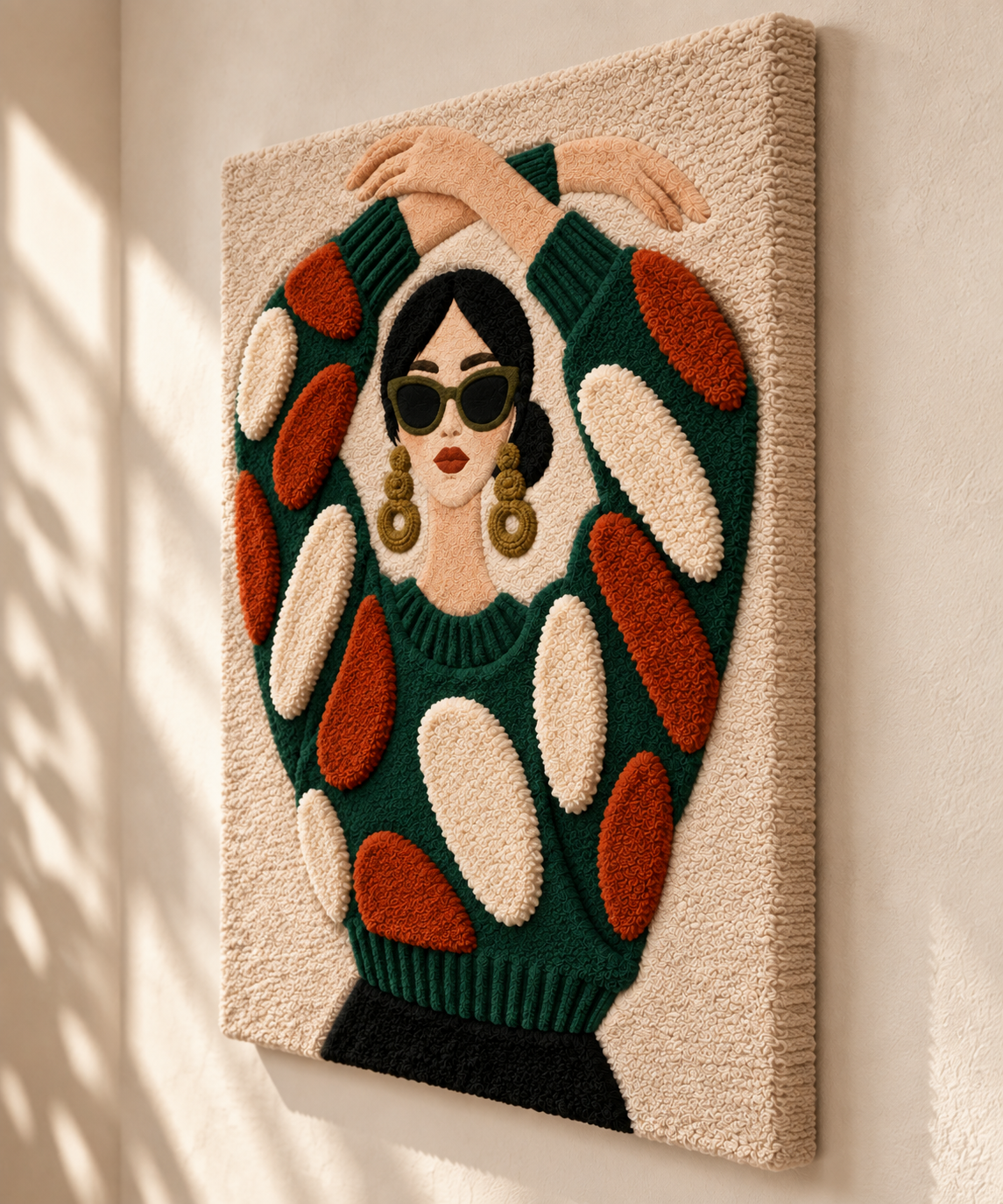 Emerald Pose with Golden Hoops — angled relief view