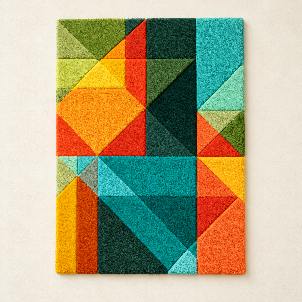Emerald Prism Patchwork Hewn Earth wall art featuring a vibrant, geometric design with shades of green and intricate patchwork details.