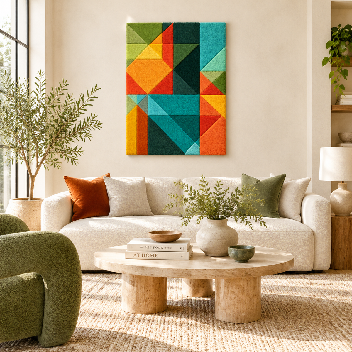 Hewn Earth emerald prism patchwork wall art with geometric emerald and neutral tones, displayed on a modern room wall.