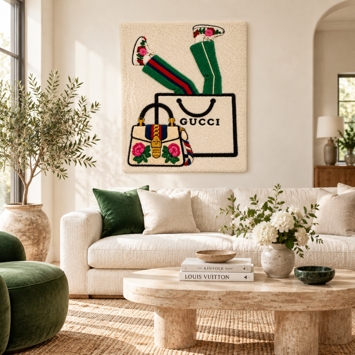 Hewn Earth Emerald Shopping Daydream wall art featuring vibrant green abstract design displayed on a room wall.