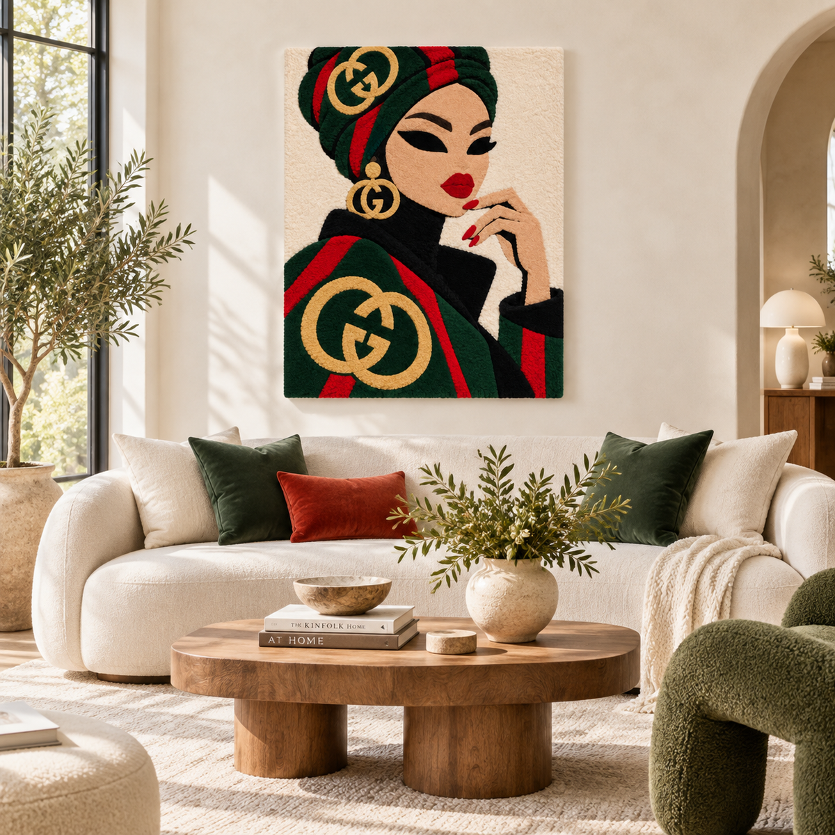 Emerald Wrap Scarlet Poise — front-facing room scene [room-front]