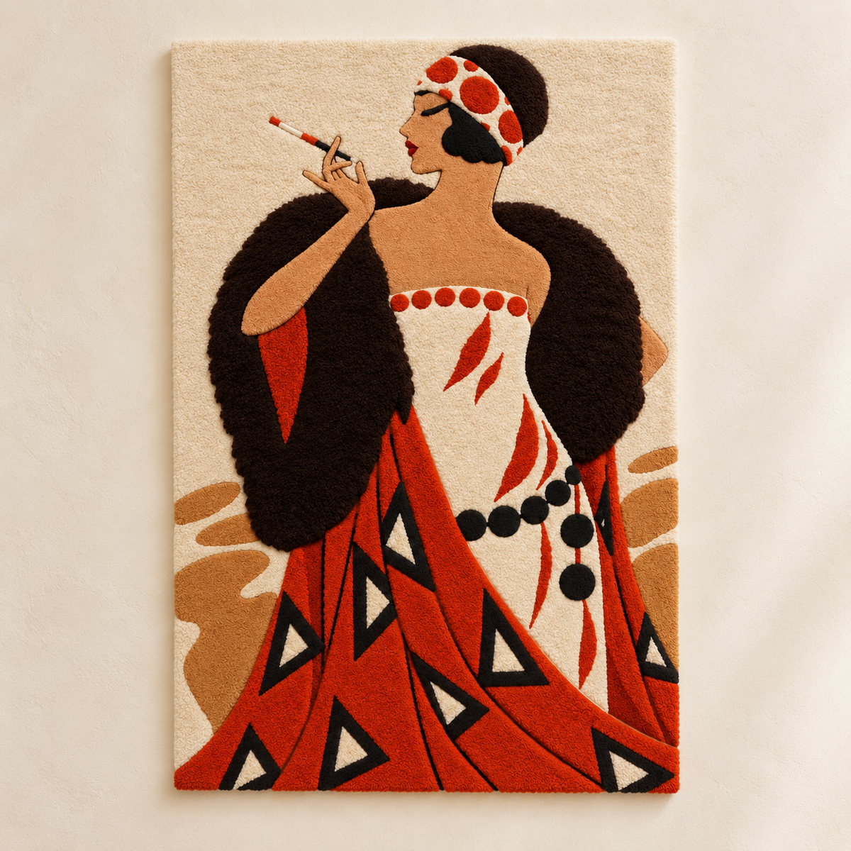 Hewn Earth evening in a triangle gown wall art, featuring a stylish illustration of a woman in a flowing gown with warm lighting.