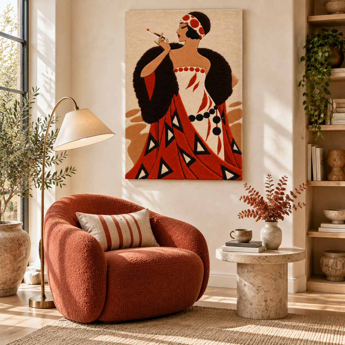 Hewn Earth evening in a triangle gown wall art featuring a serene room scene with abstract geometric design.