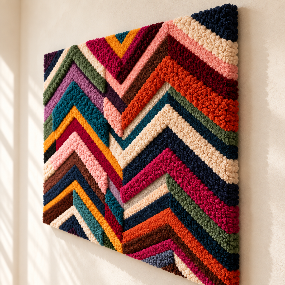 Hewn Earth Festival Chevron Weave wall art featuring a geometric chevron pattern in natural tones, displayed from an angled perspective.