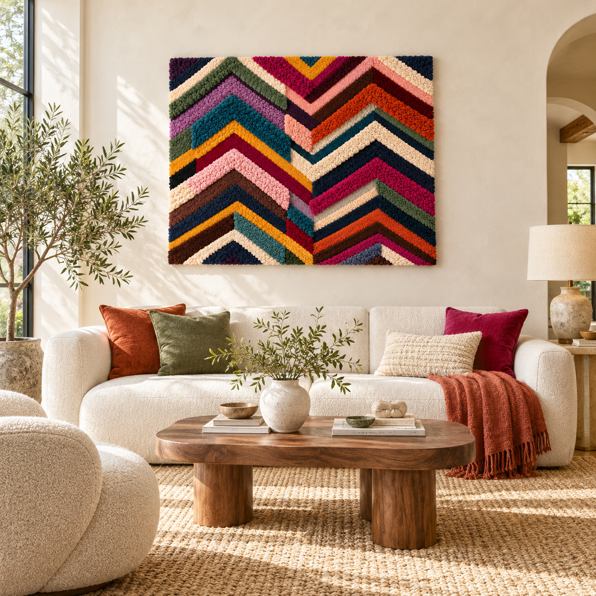 Hewn Earth Festival Chevron Weave wall art decor with colorful woven pattern displayed on room wall.